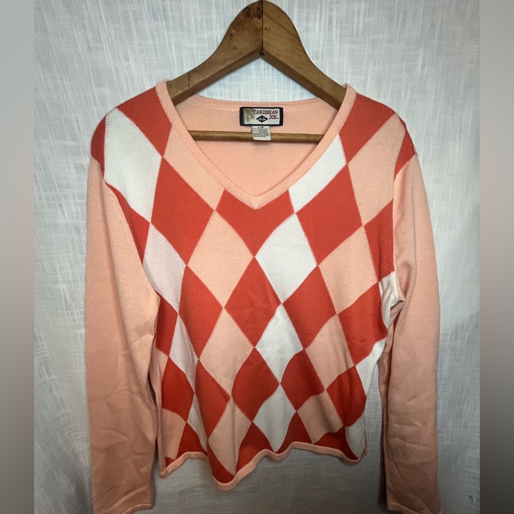 Carribean Joe Orange peach Argyle v-neck Sweater sz L Y2K, academia, preppy IVY